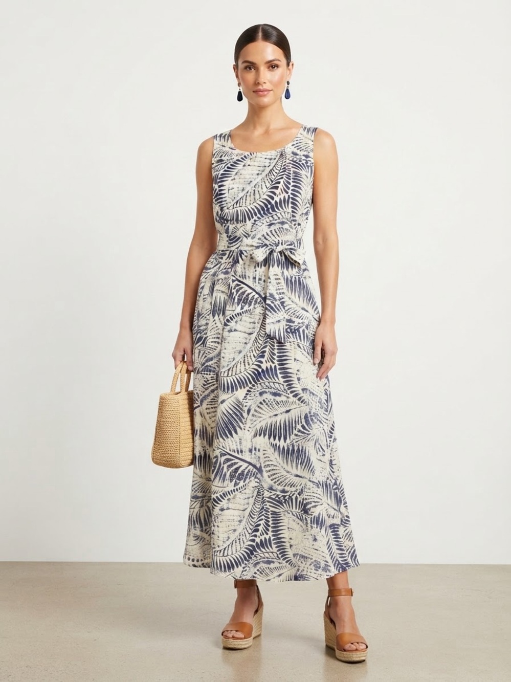 Tahari 100% Linen Tropical Leaf Print Belted Maxi Dress XS
